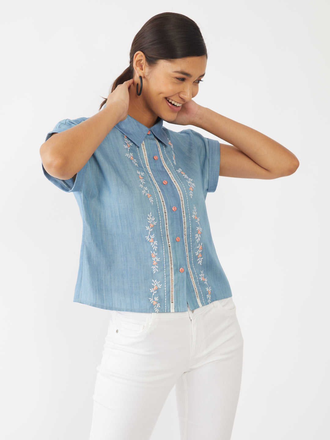 Blue Solid Lace Top