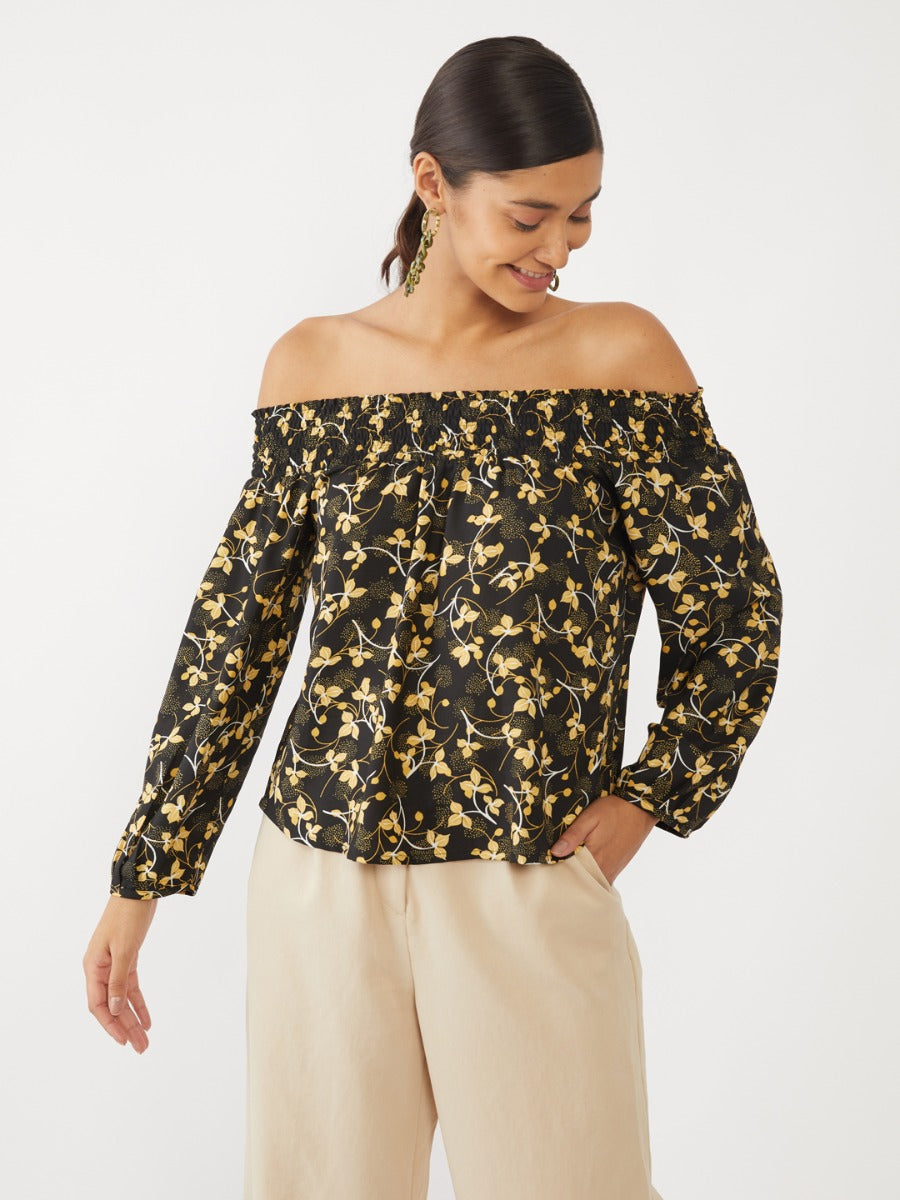 Black Printed Off-shoulder Top