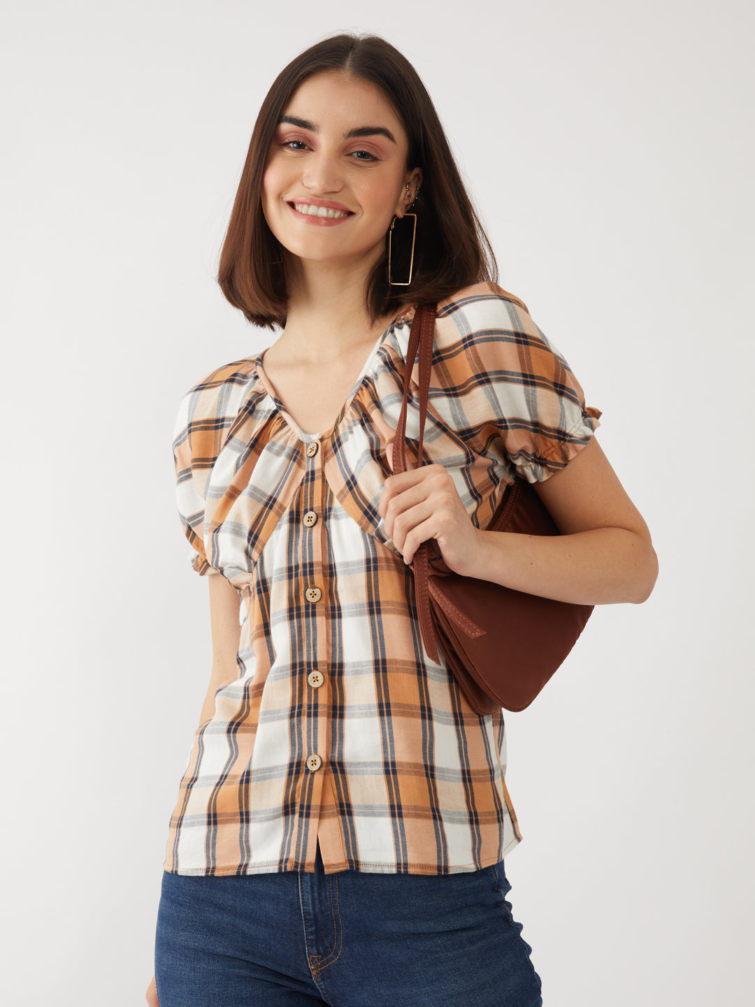 Brown Checked Puff Sleeve Top