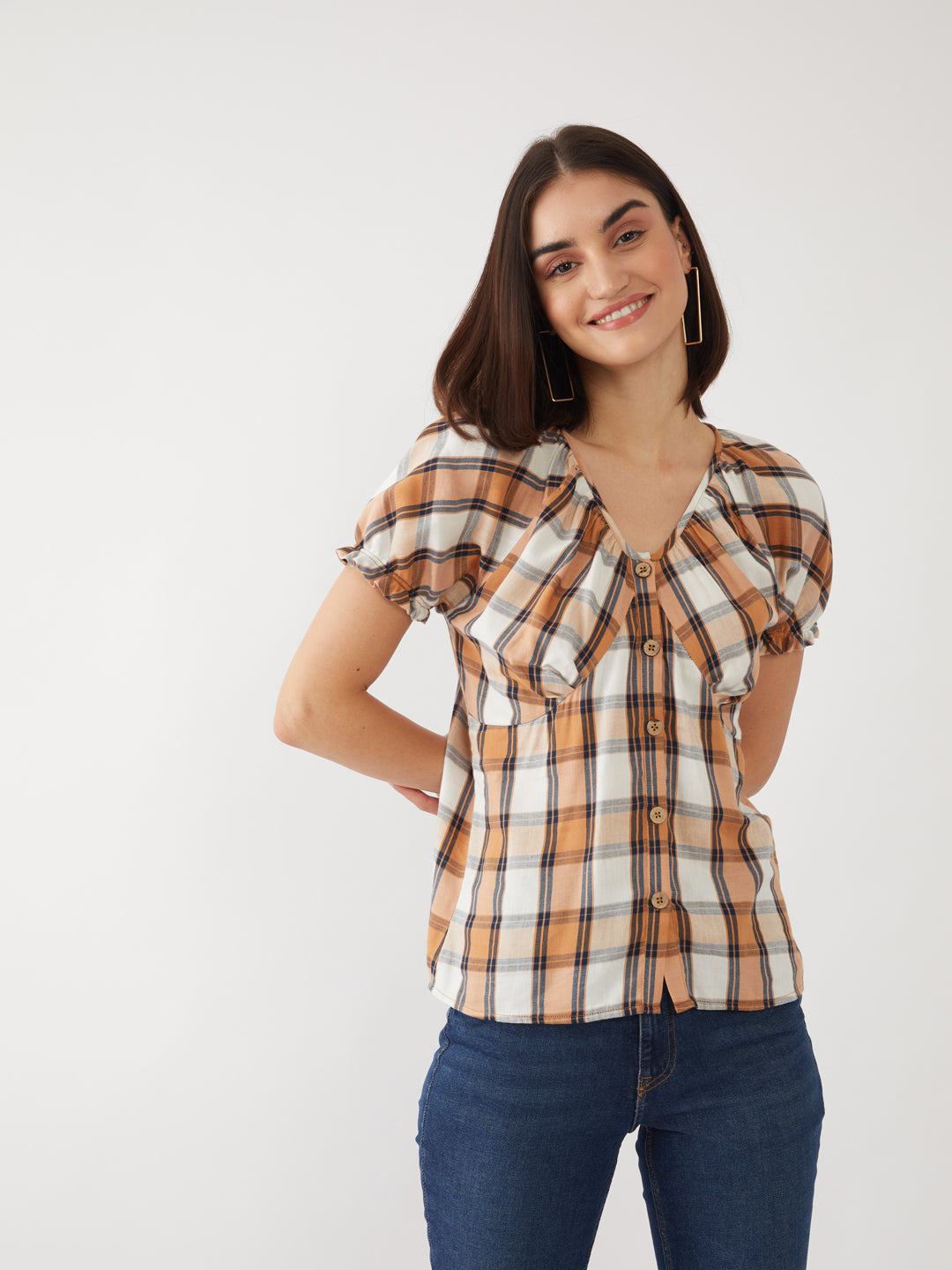 Brown Checked Puff Sleeve Top