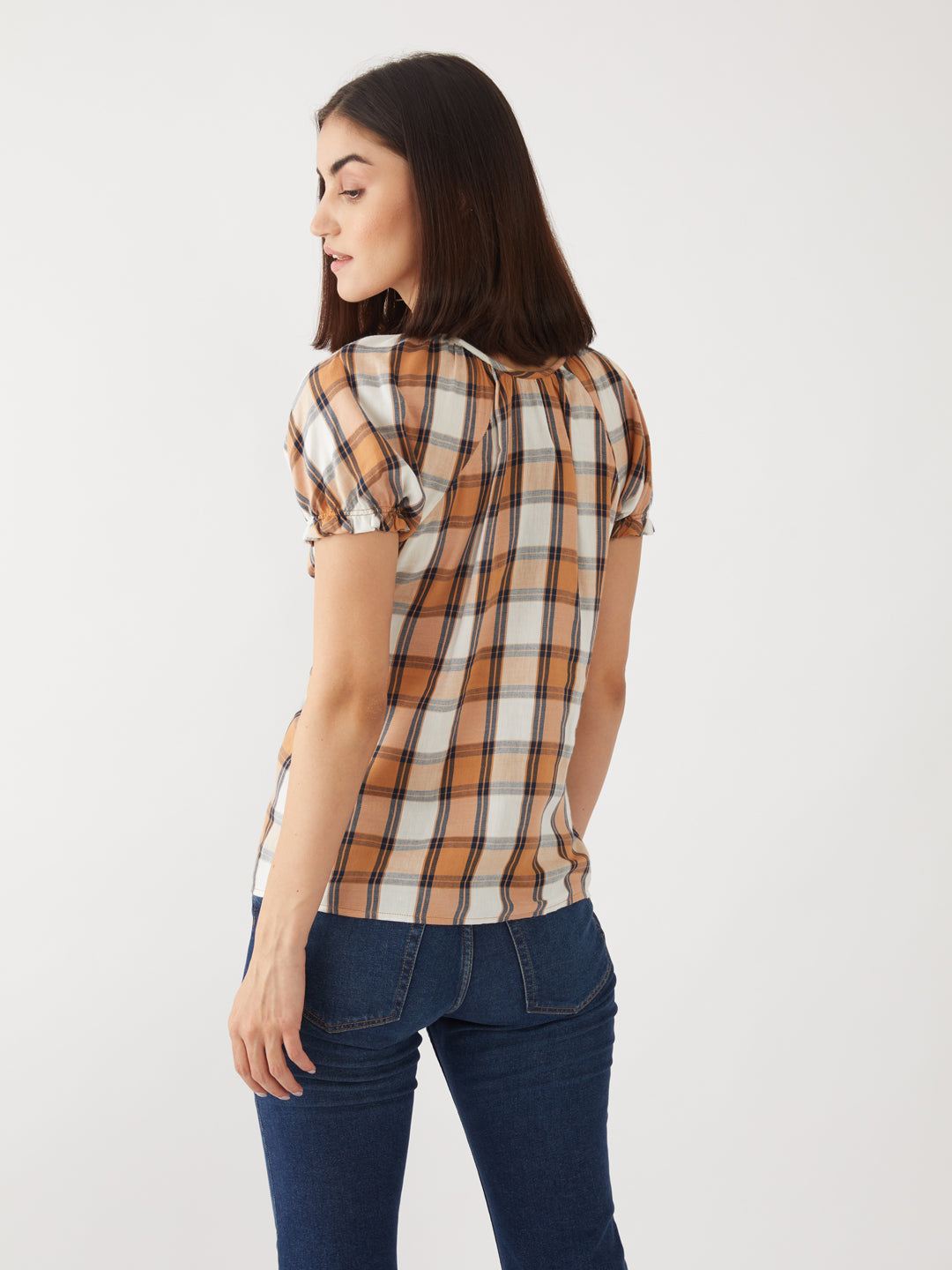 Brown Checked Puff Sleeve Top