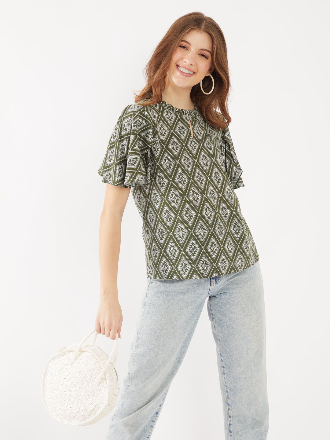 Green Printed Flared Sleeve Top