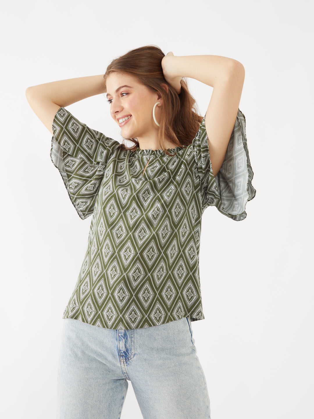 Green Printed Flared Sleeve Top