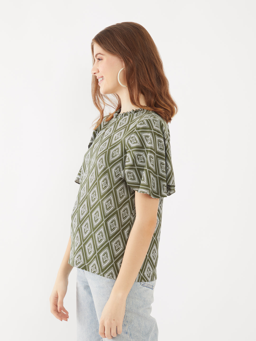 Green Printed Flared Sleeve Top