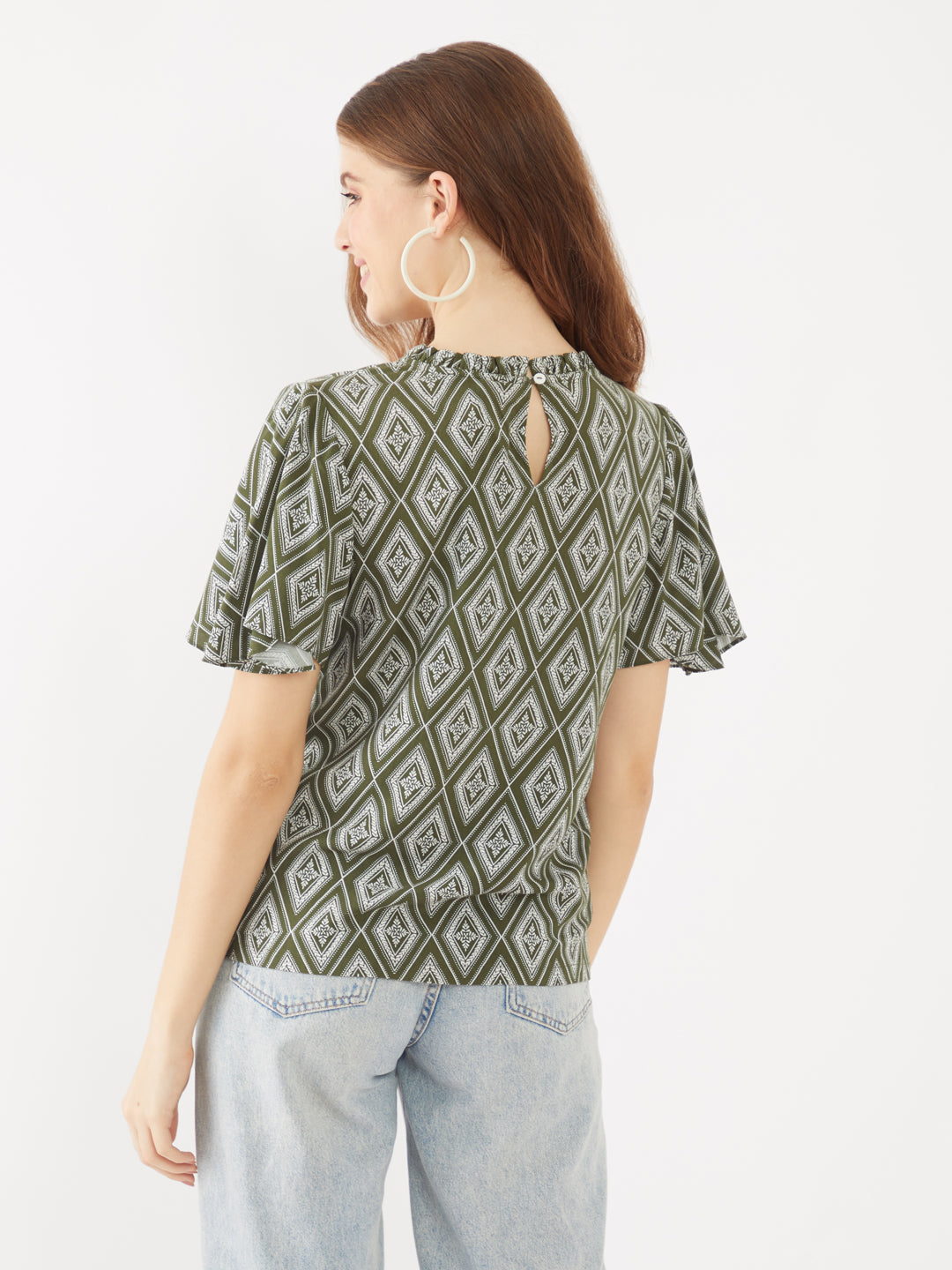 Green Printed Flared Sleeve Top