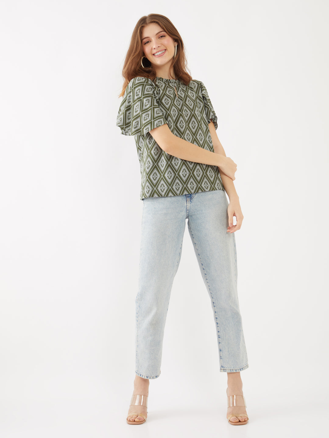 Green Printed Flared Sleeve Top