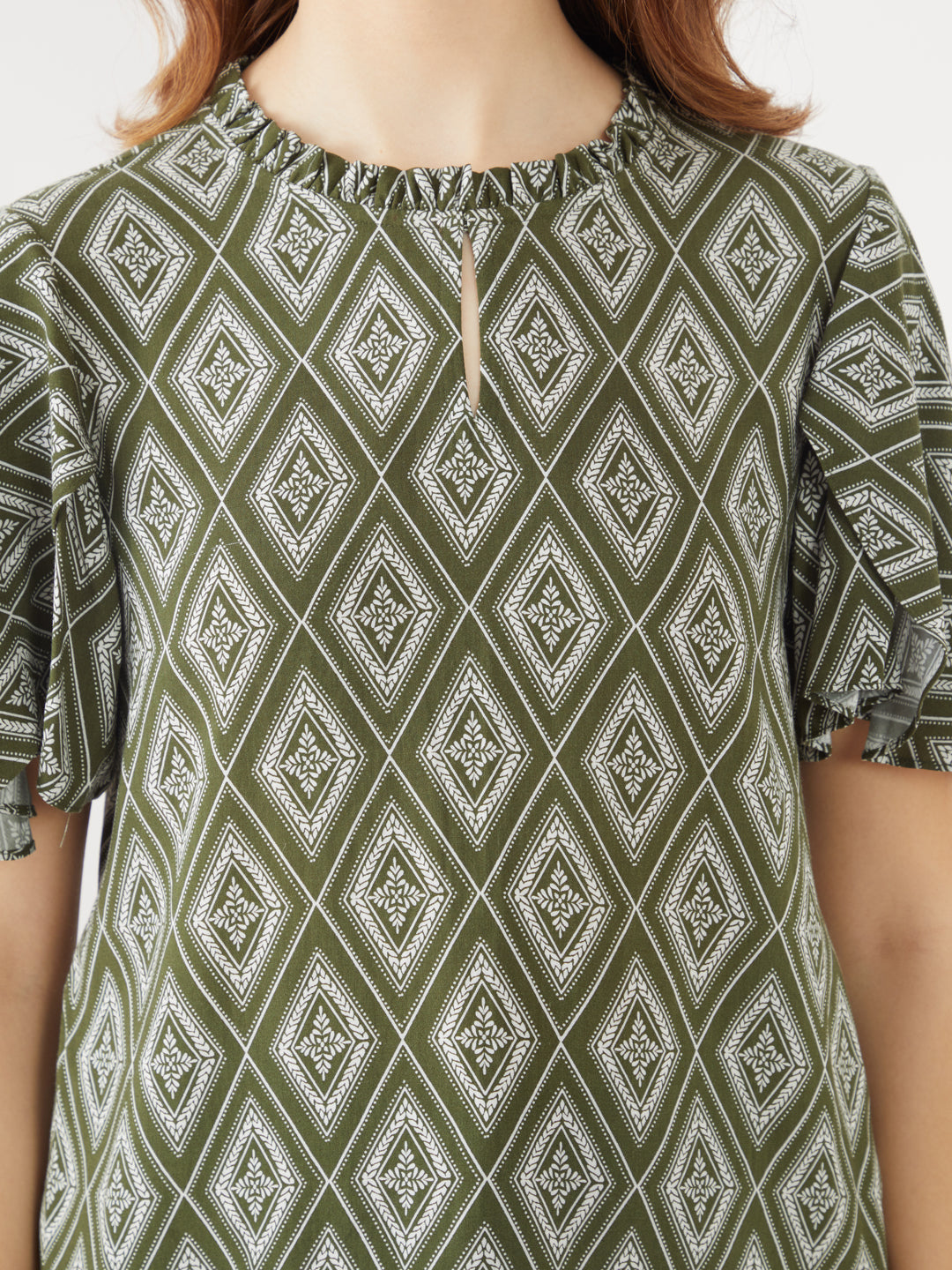 Green Printed Flared Sleeve Top