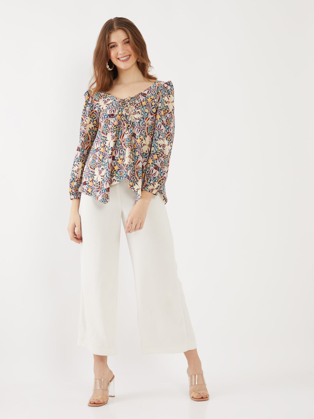 Blue Printed Puff Sleeve Top