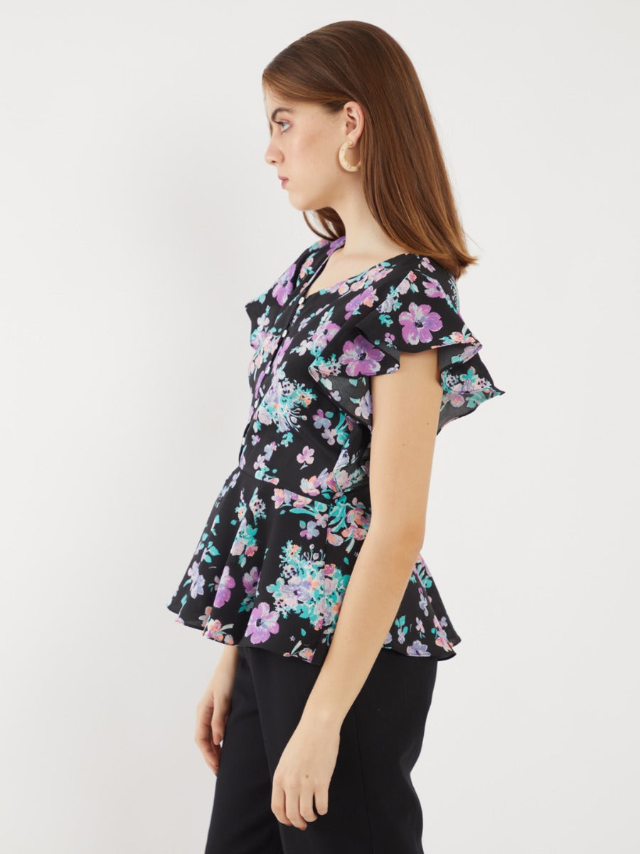 Black Printed Flared Sleeve Top