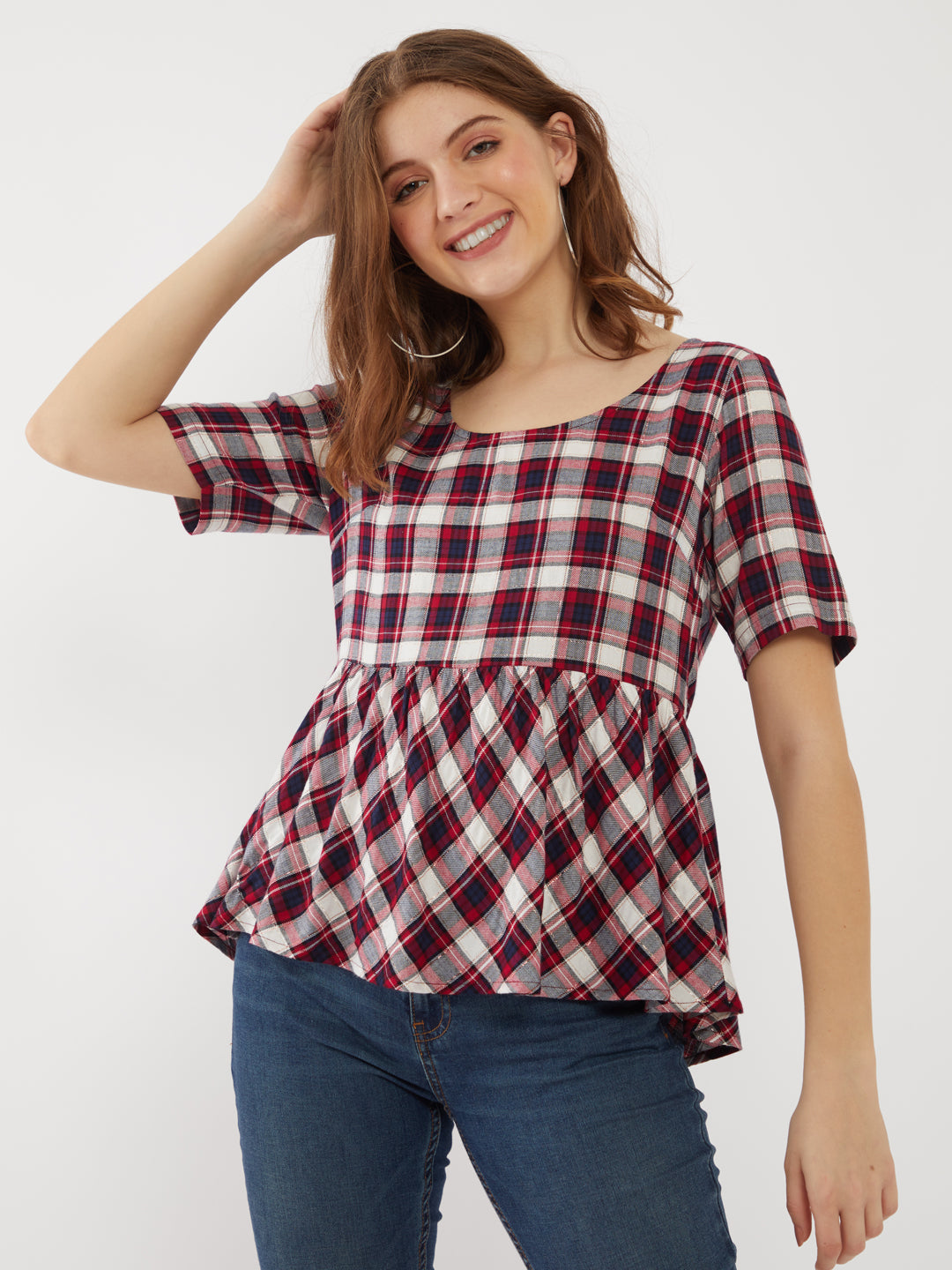 Red Checked Peplum Top