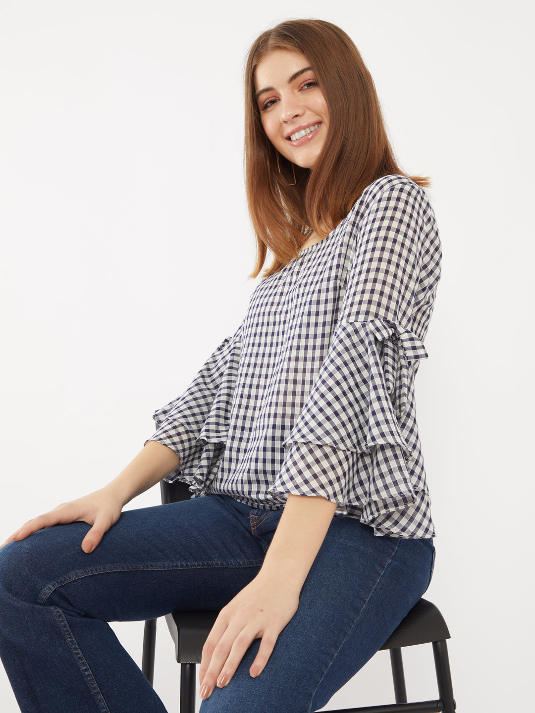 Navy Checked Flared Sleeve Top