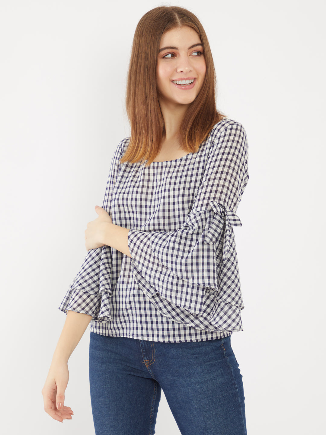 Navy Checked Flared Sleeve Top