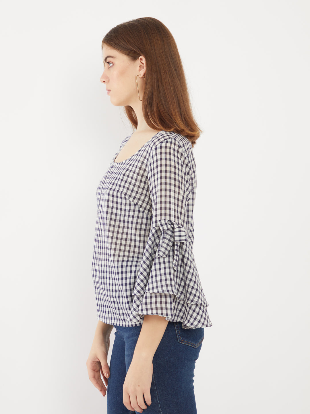 Navy Checked Flared Sleeve Top