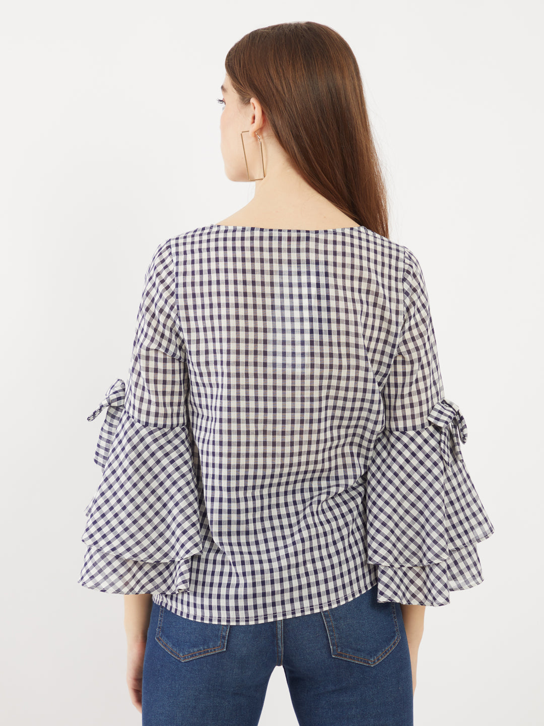 Navy Checked Flared Sleeve Top