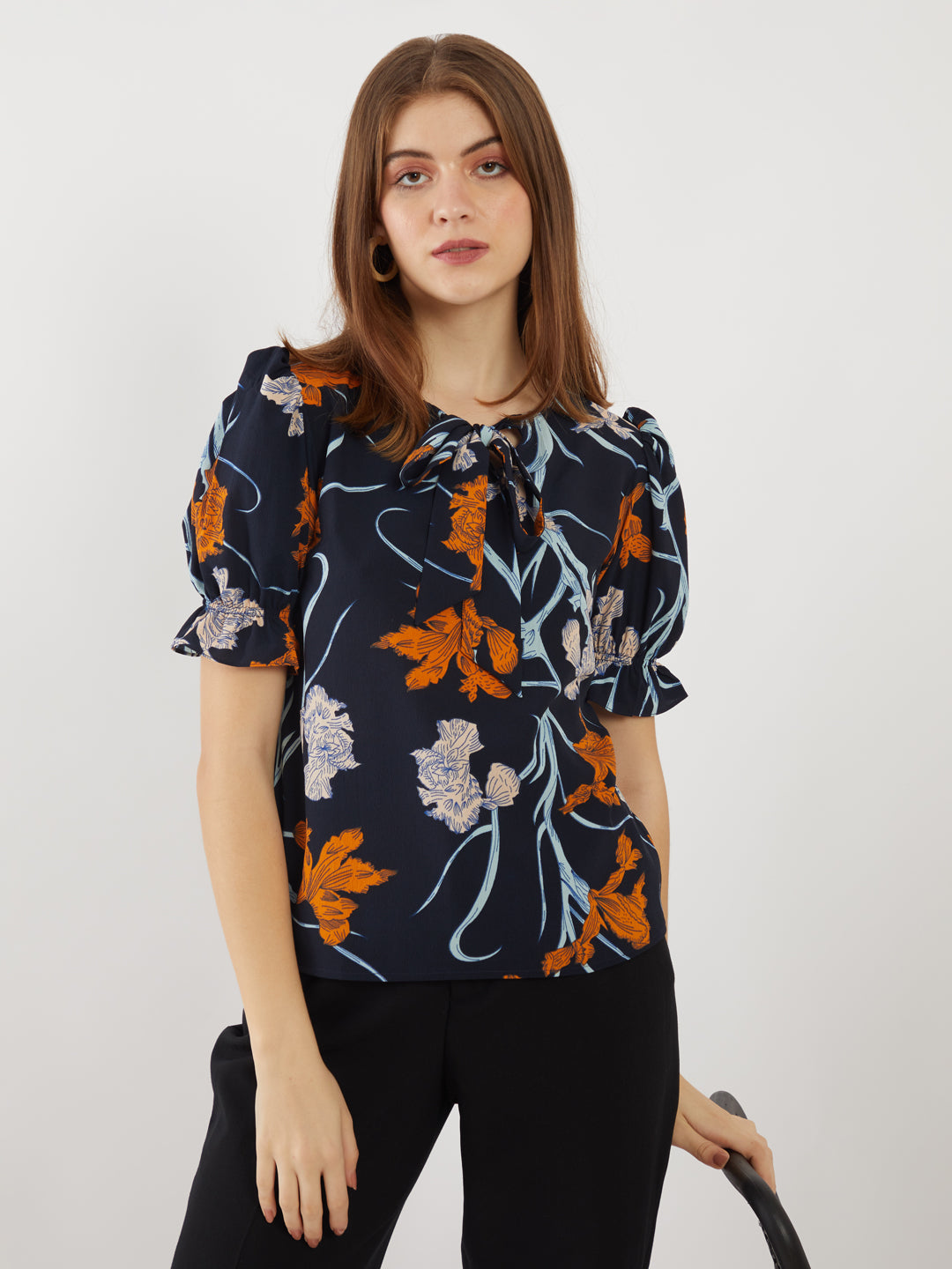 Navy Printed Puff Sleeve Top