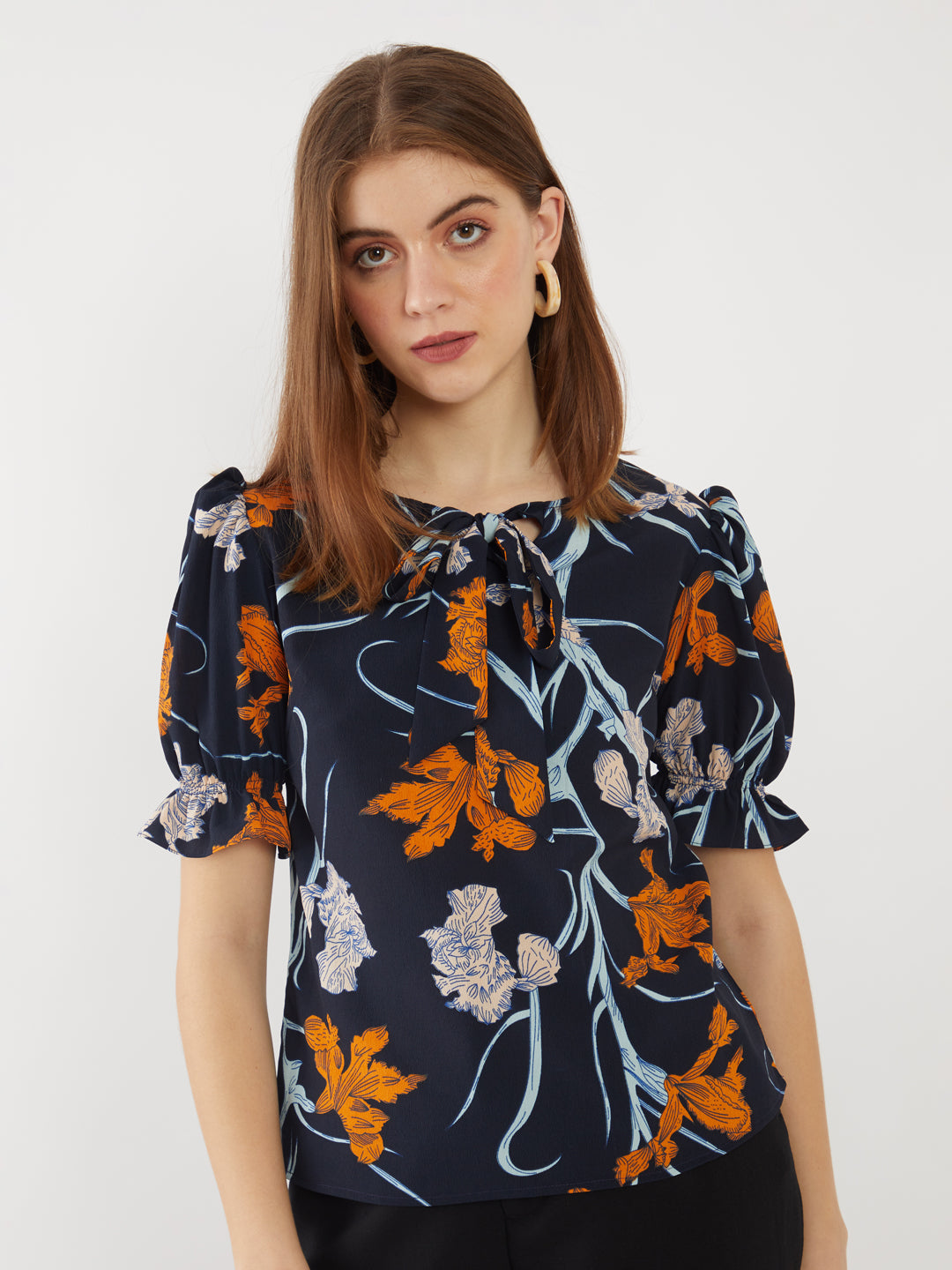 Navy Printed Puff Sleeve Top