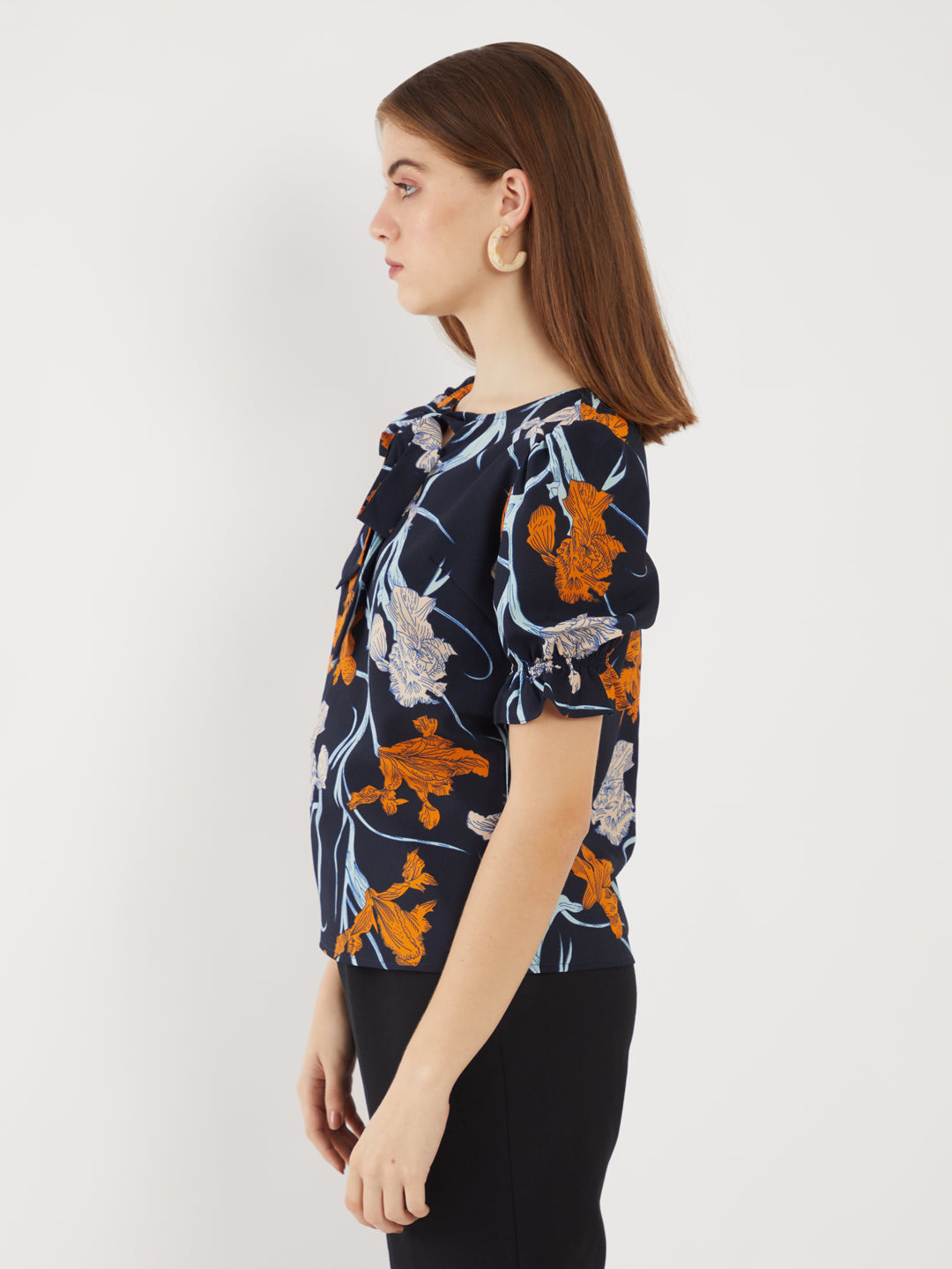 Navy Printed Puff Sleeve Top