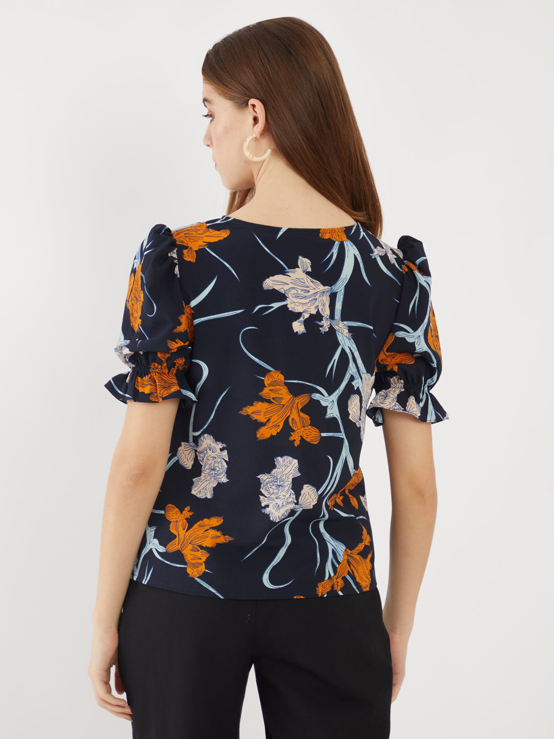 Navy Printed Puff Sleeve Top