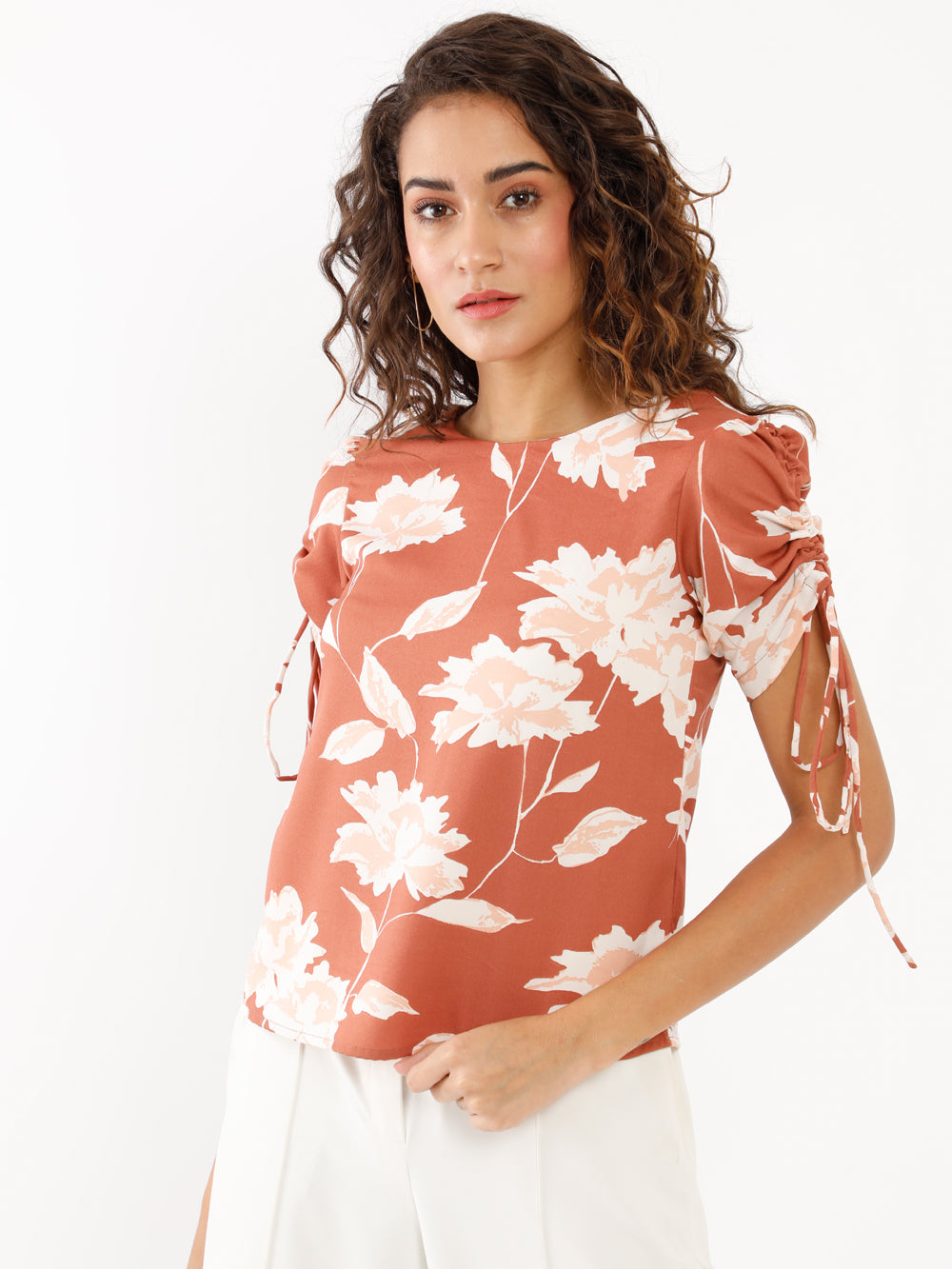 Brown Printed Puff Sleeve Top