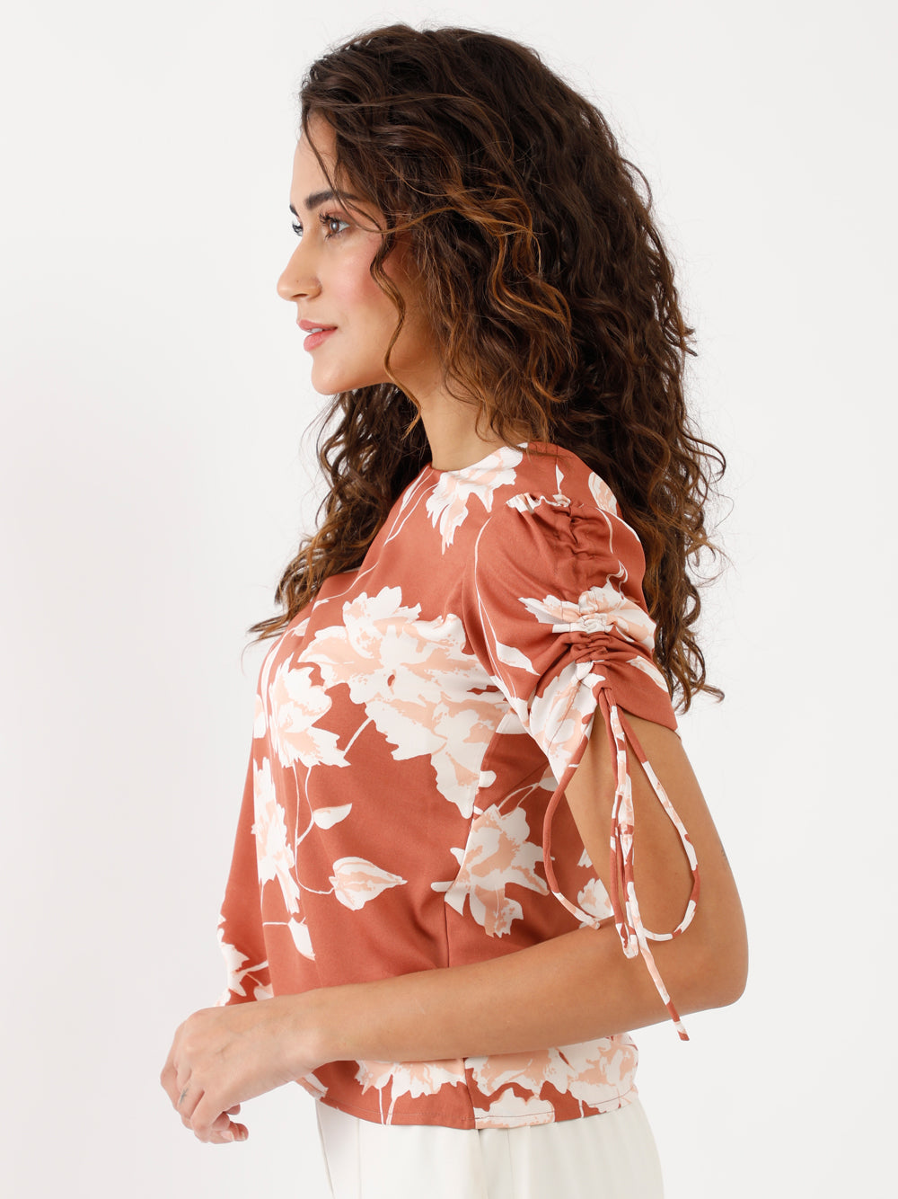 Brown Printed Puff Sleeve Top