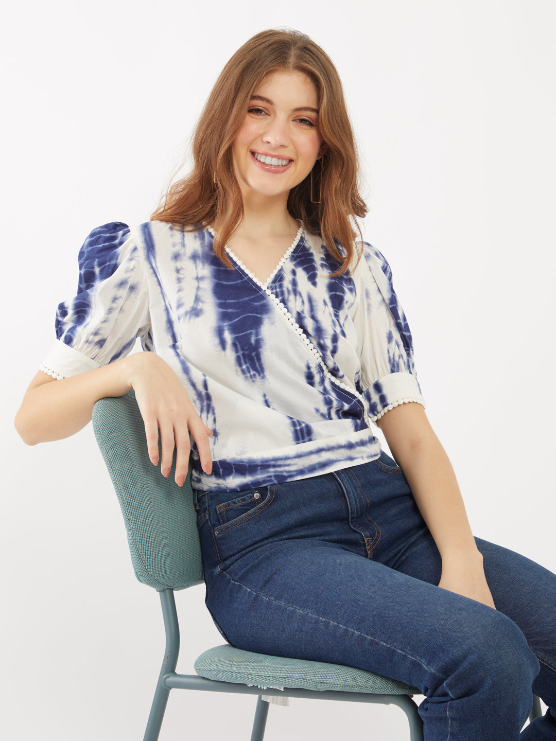 Blue Printed Wrap Top