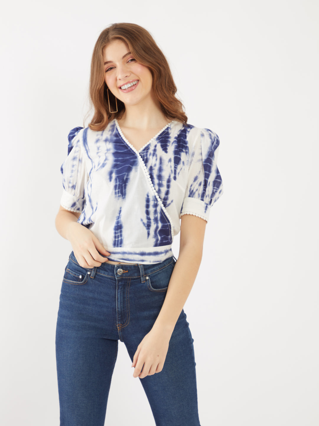 Blue Printed Wrap Top