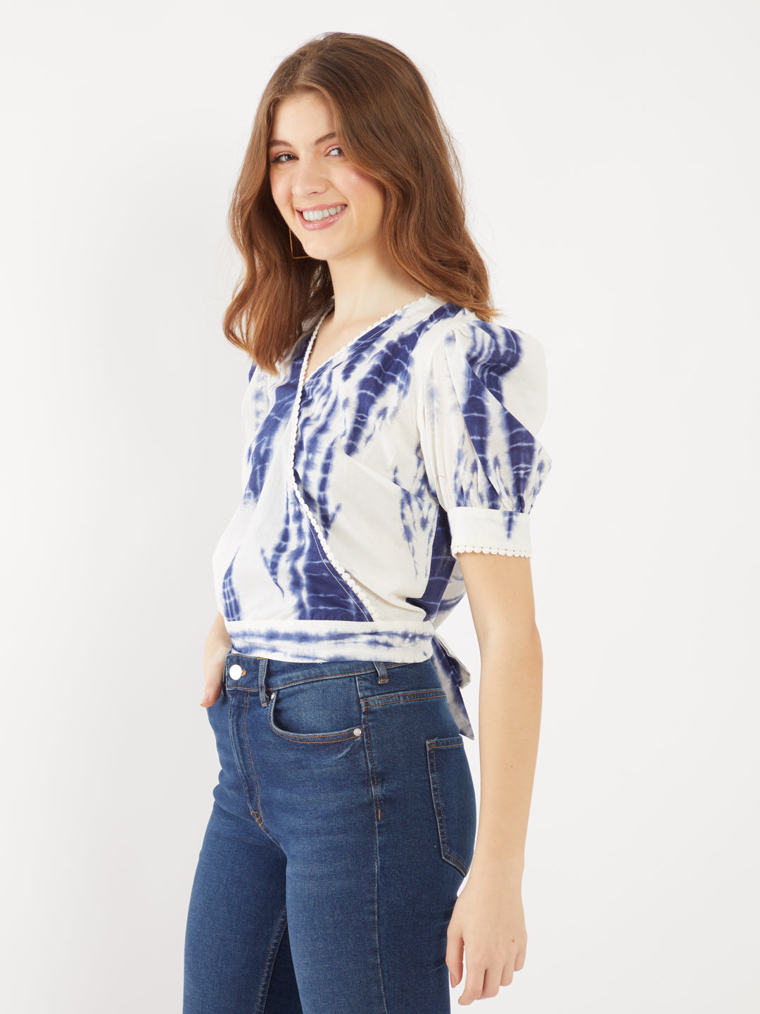 Blue Printed Wrap Top