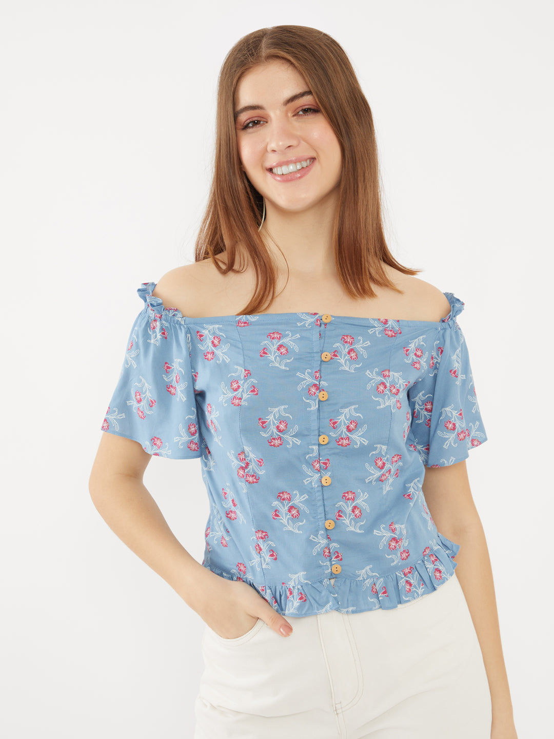 Blue Printed Off-shoulder Top