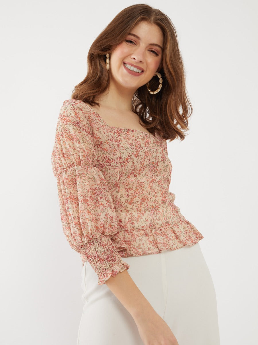 Beige Printed Ruffled Top