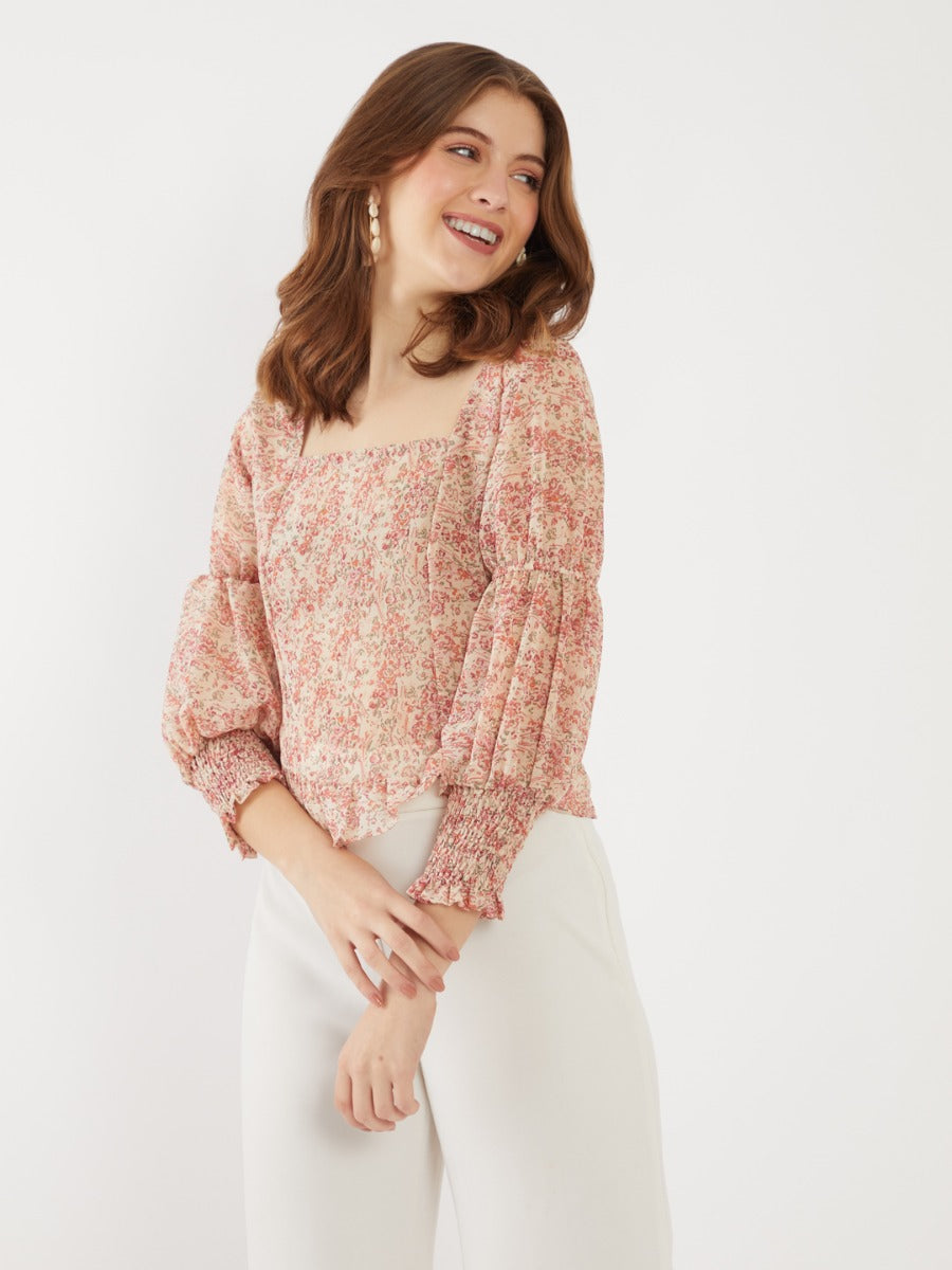 Beige Printed Ruffled Top