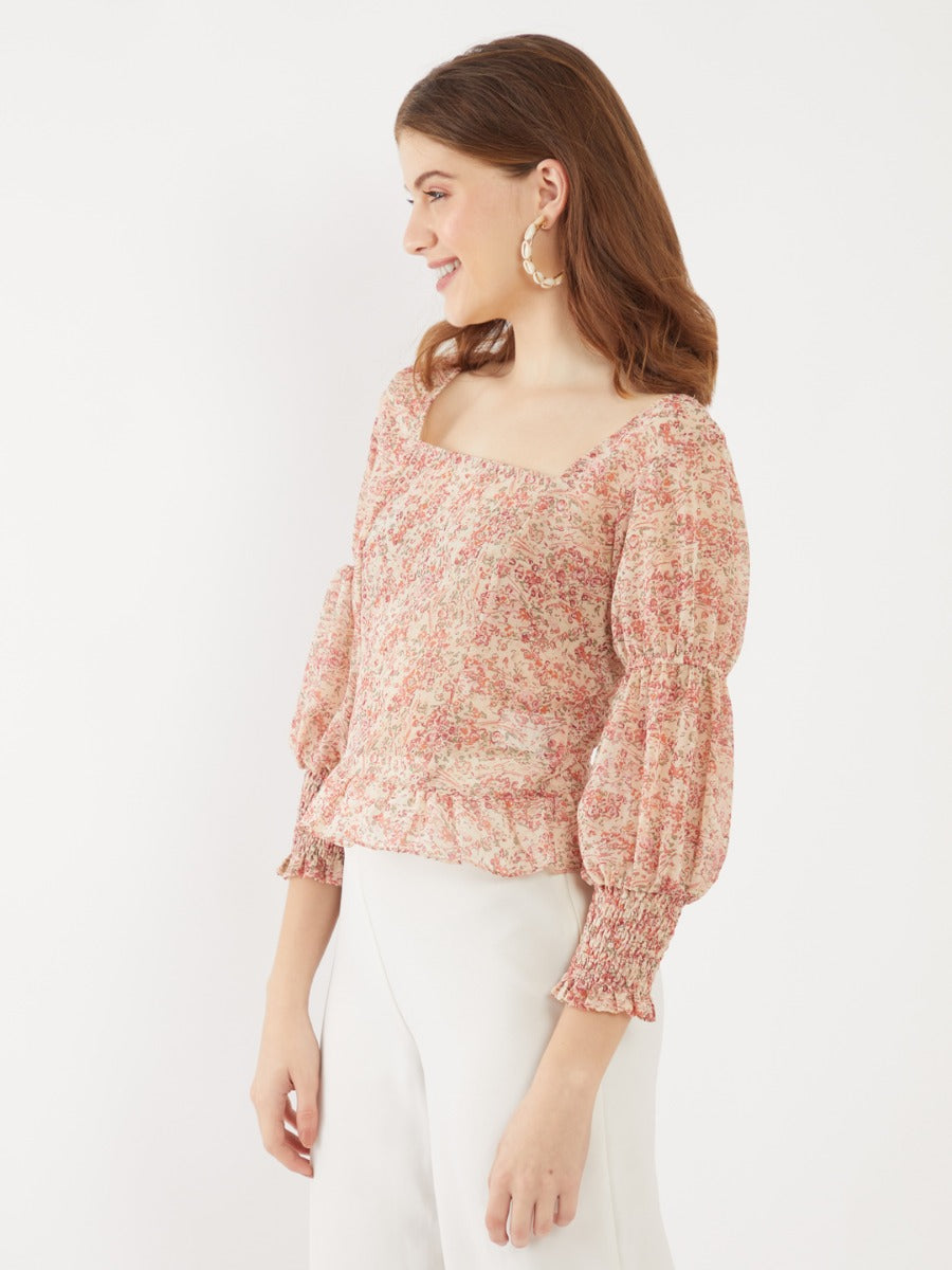 Beige Printed Ruffled Top