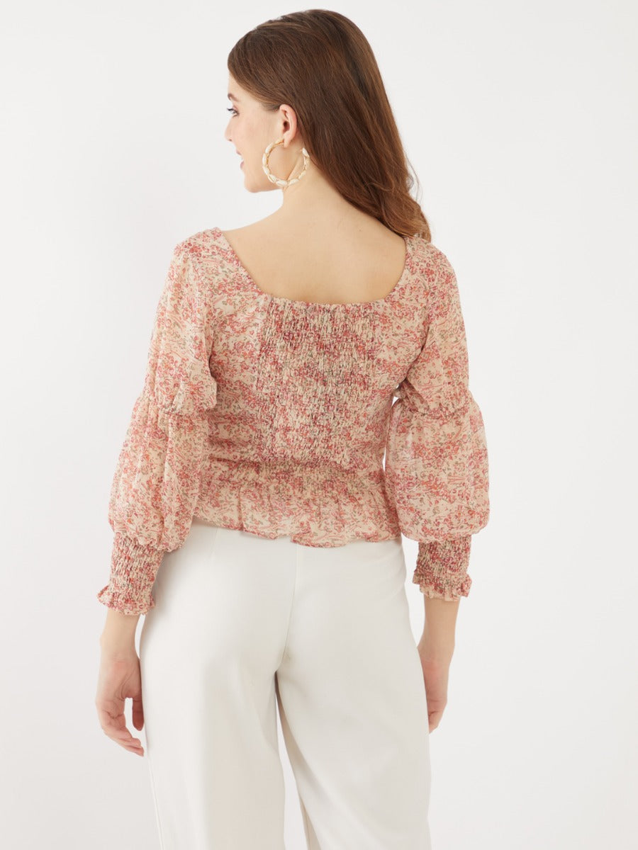 Beige Printed Ruffled Top