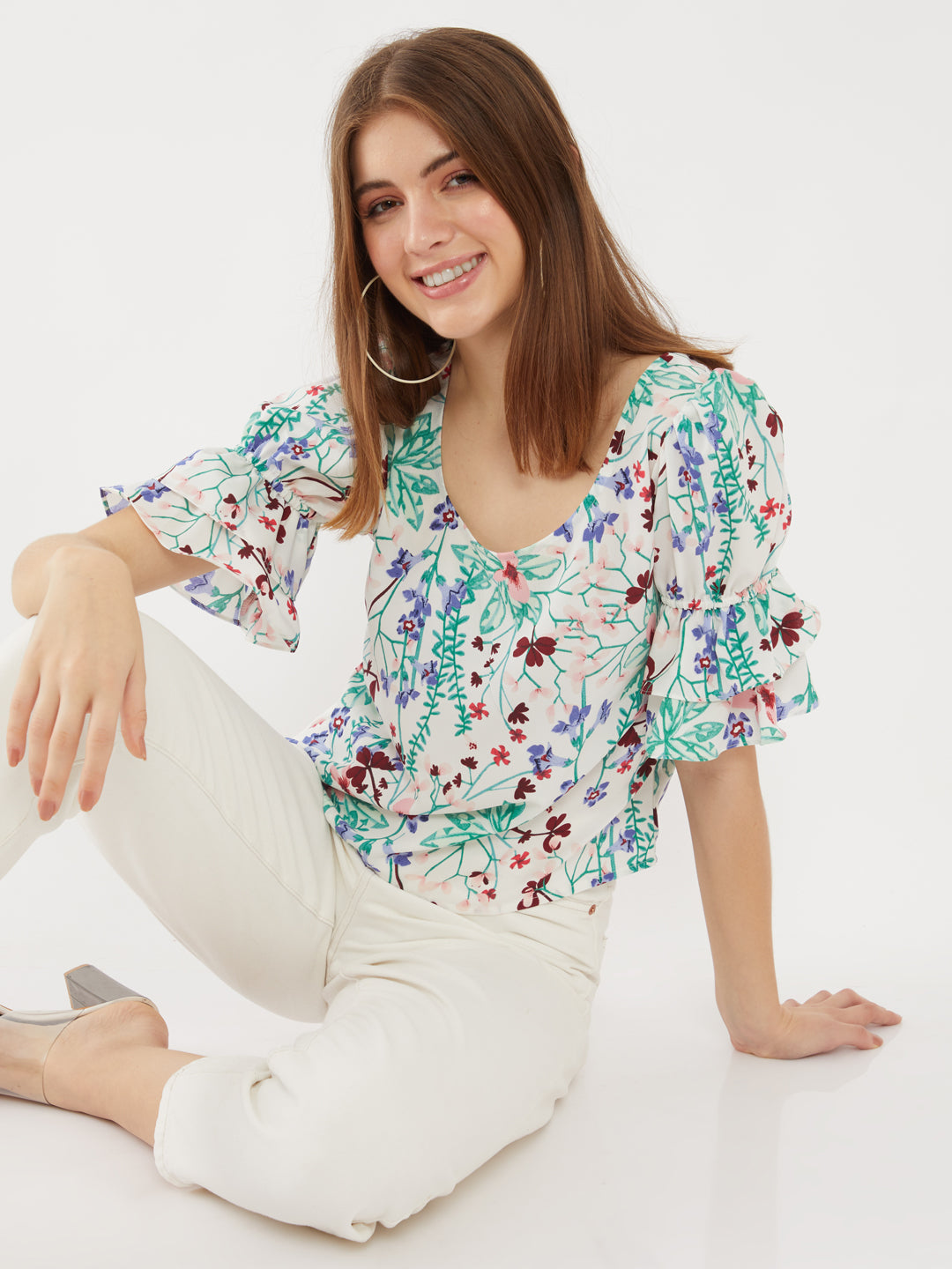 White Printed Ruffled Top