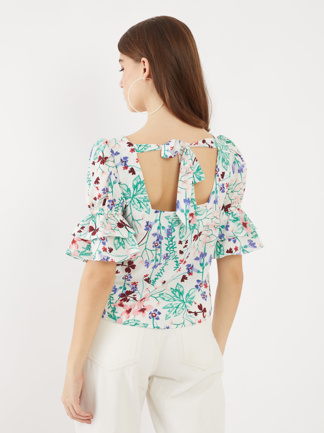 White Printed Ruffled Top