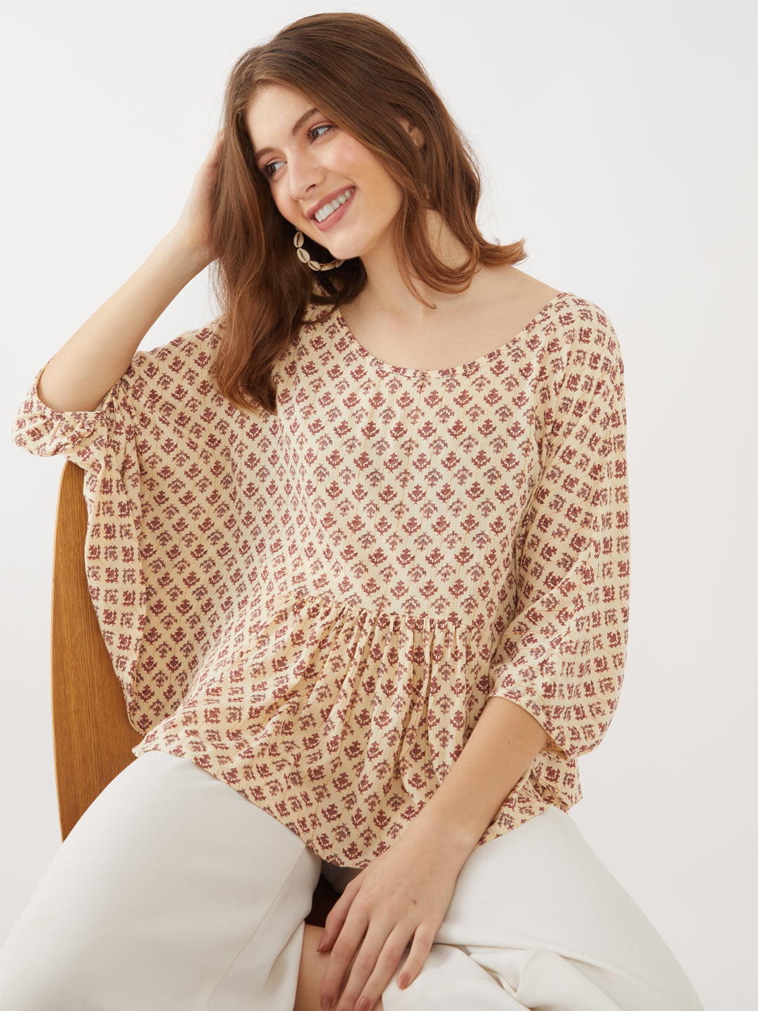 Beige Printed Flared Sleeve Top