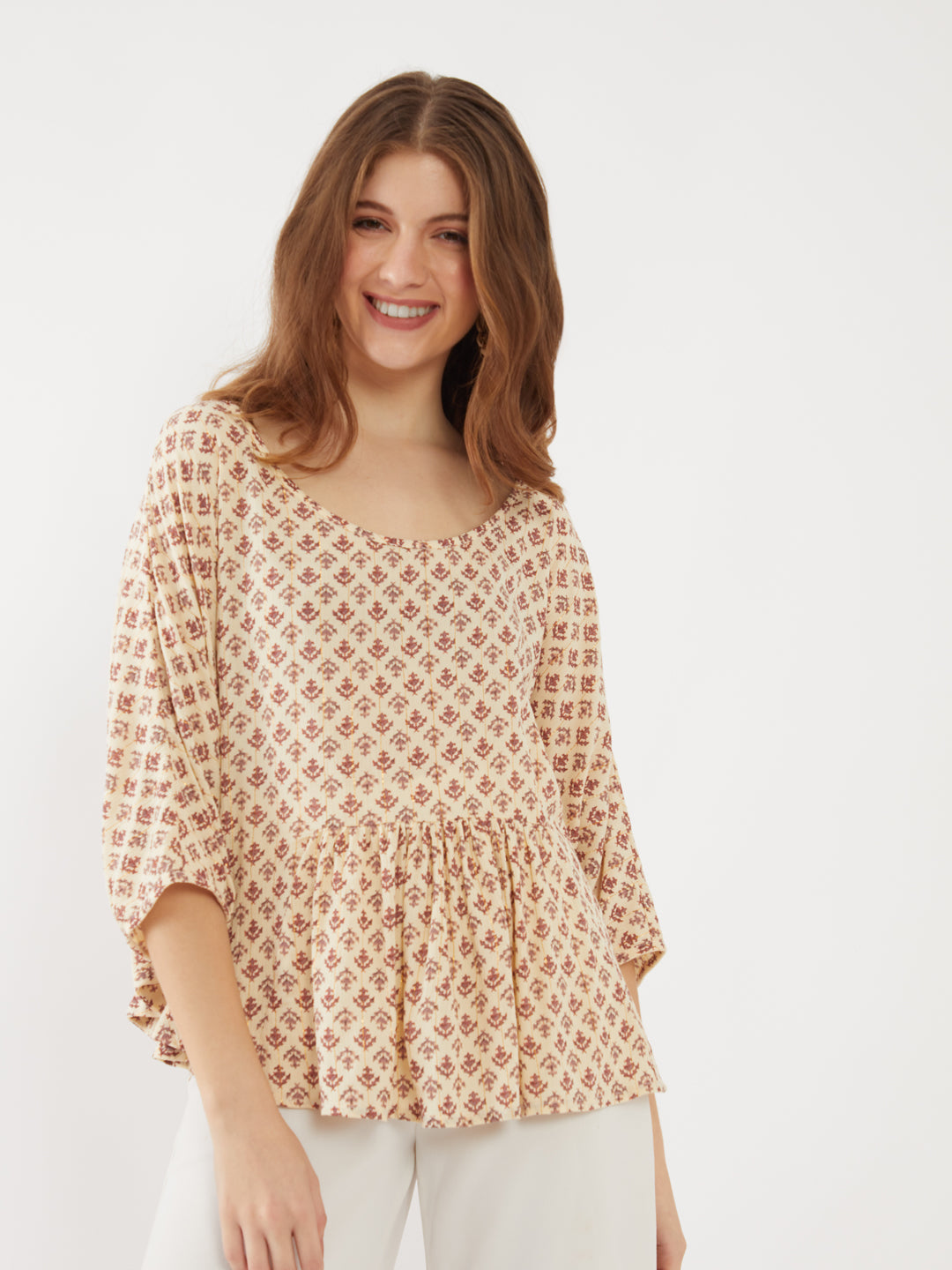 Beige Printed Flared Sleeve Top