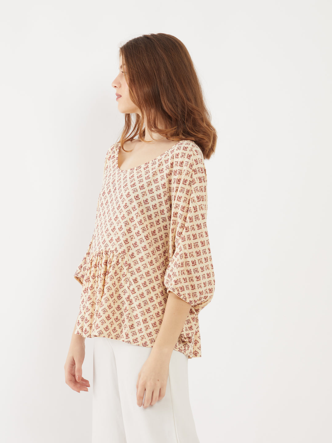 Beige Printed Flared Sleeve Top