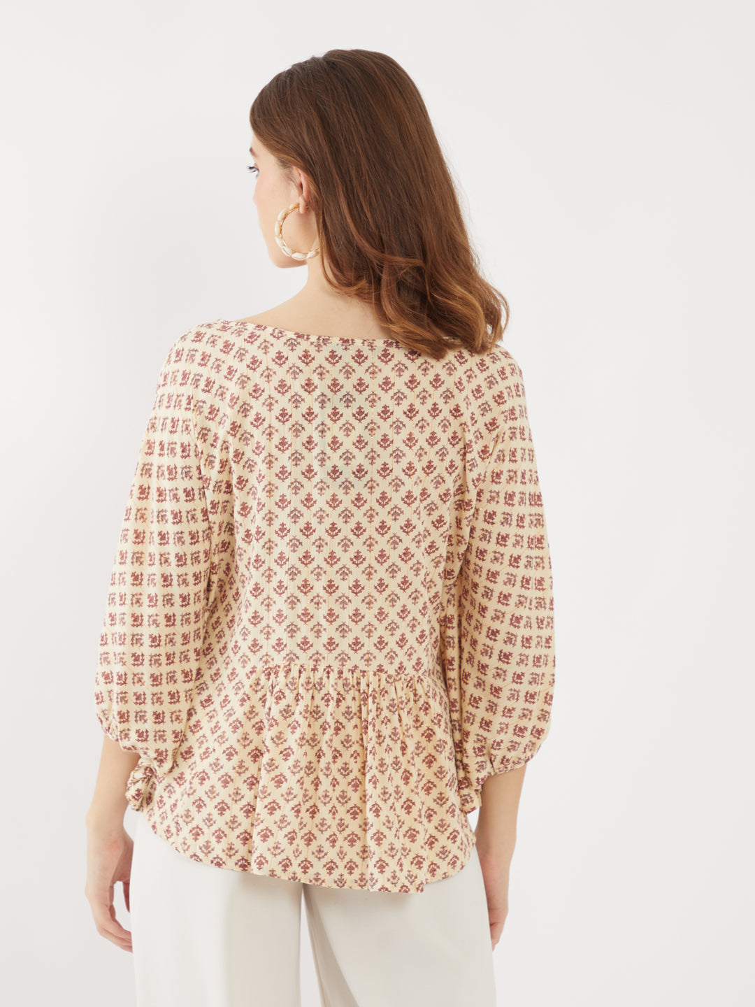 Beige Printed Flared Sleeve Top