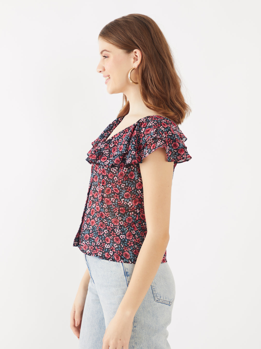 Black Printed Flared Sleeve Top