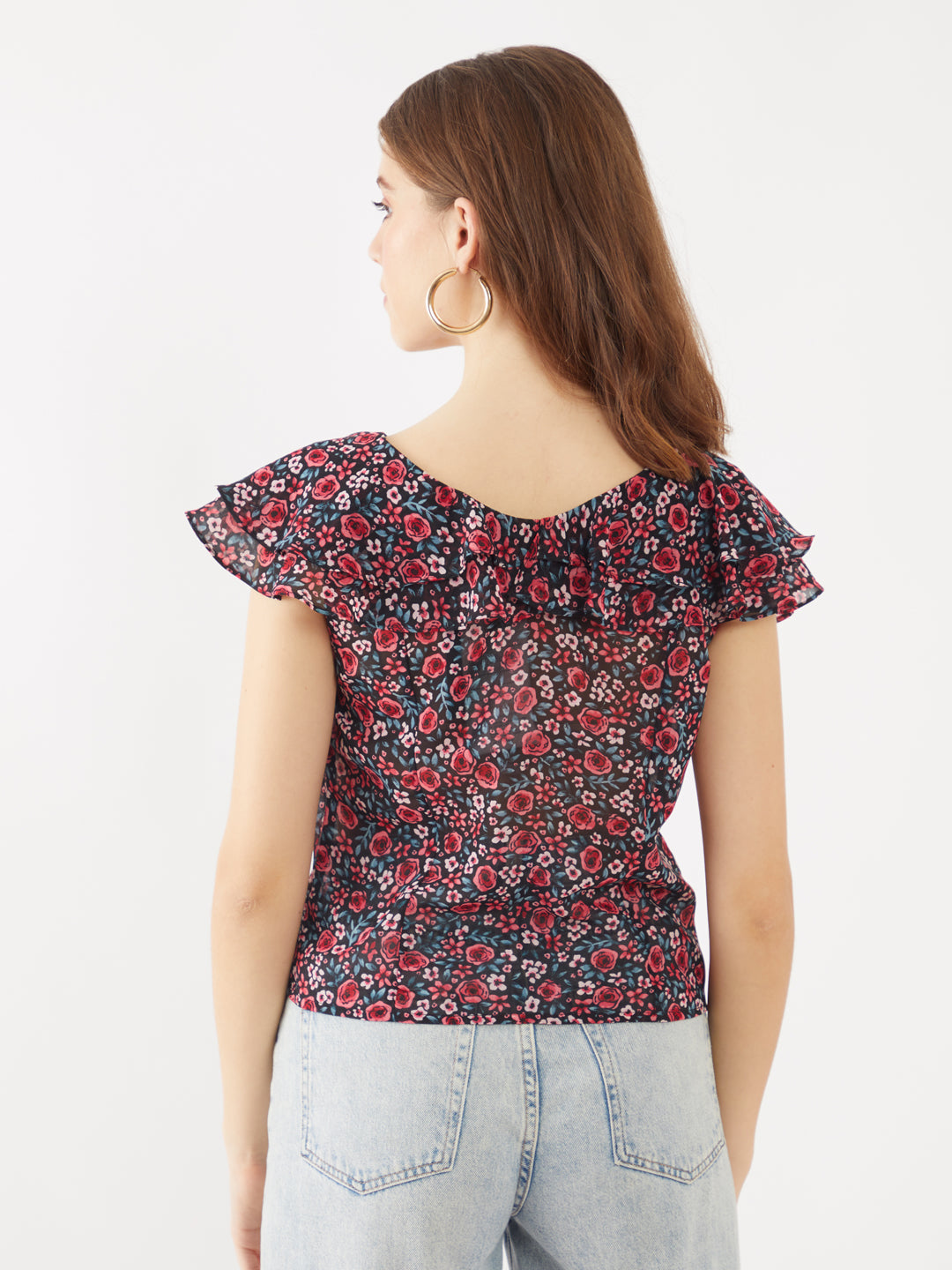 Black Printed Flared Sleeve Top