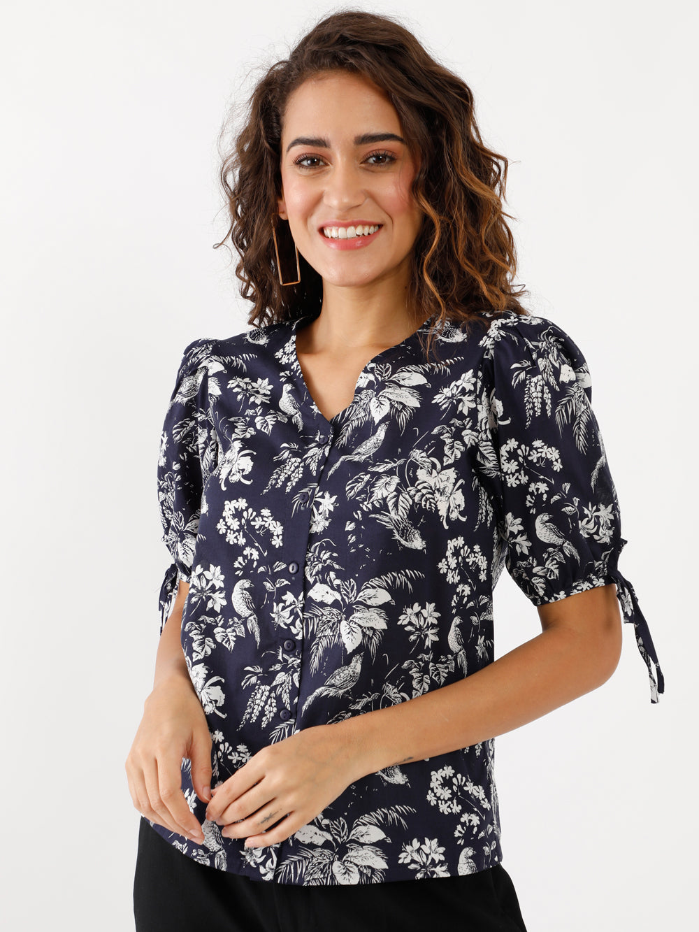 Navy Printed Puff Sleeve Top