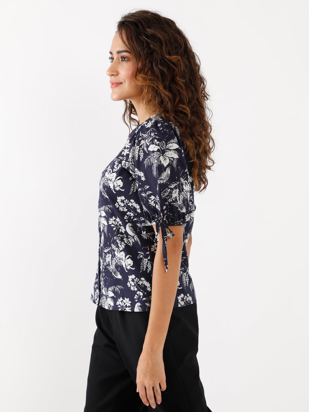 Navy Printed Puff Sleeve Top