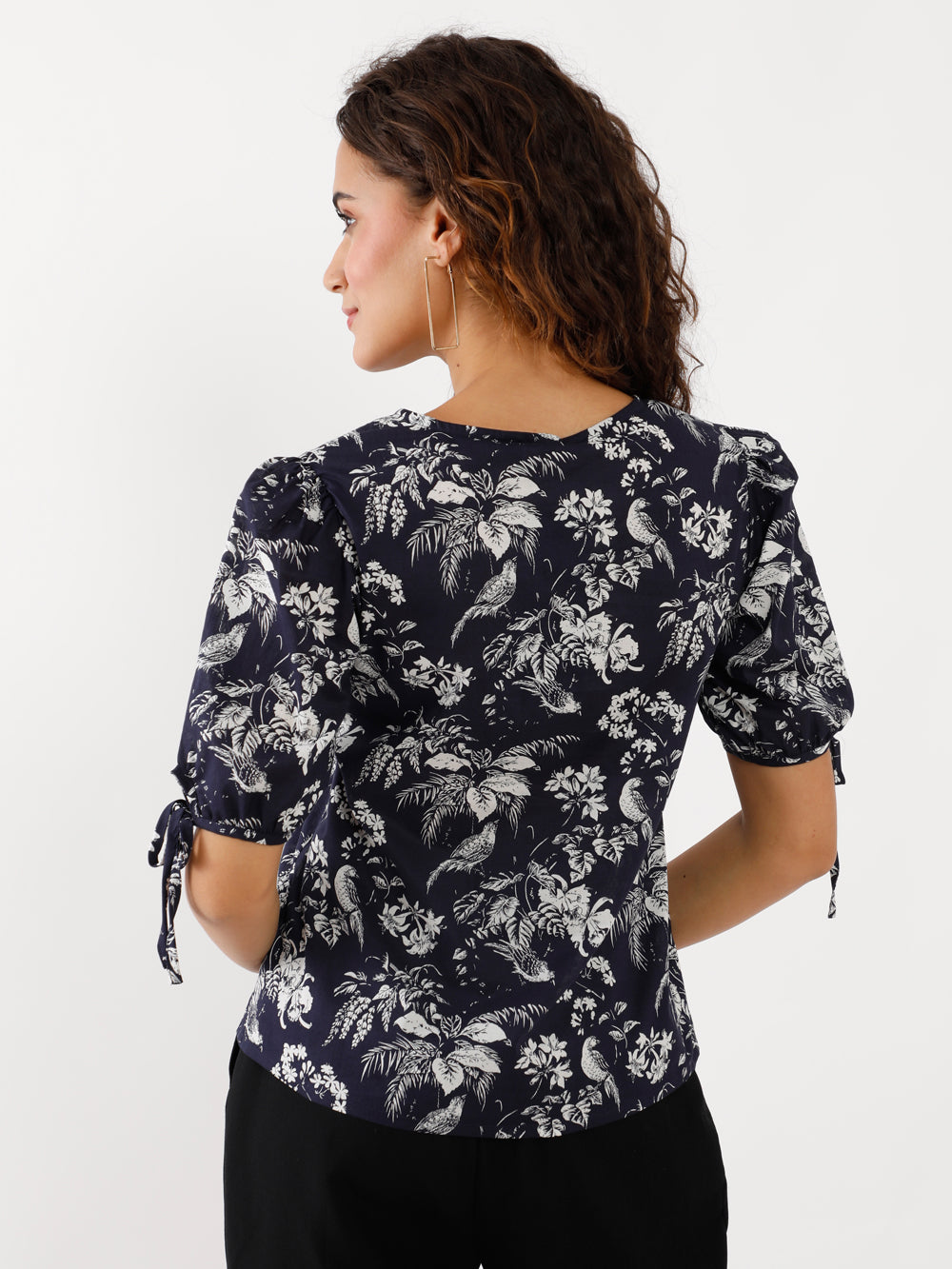 Navy Printed Puff Sleeve Top