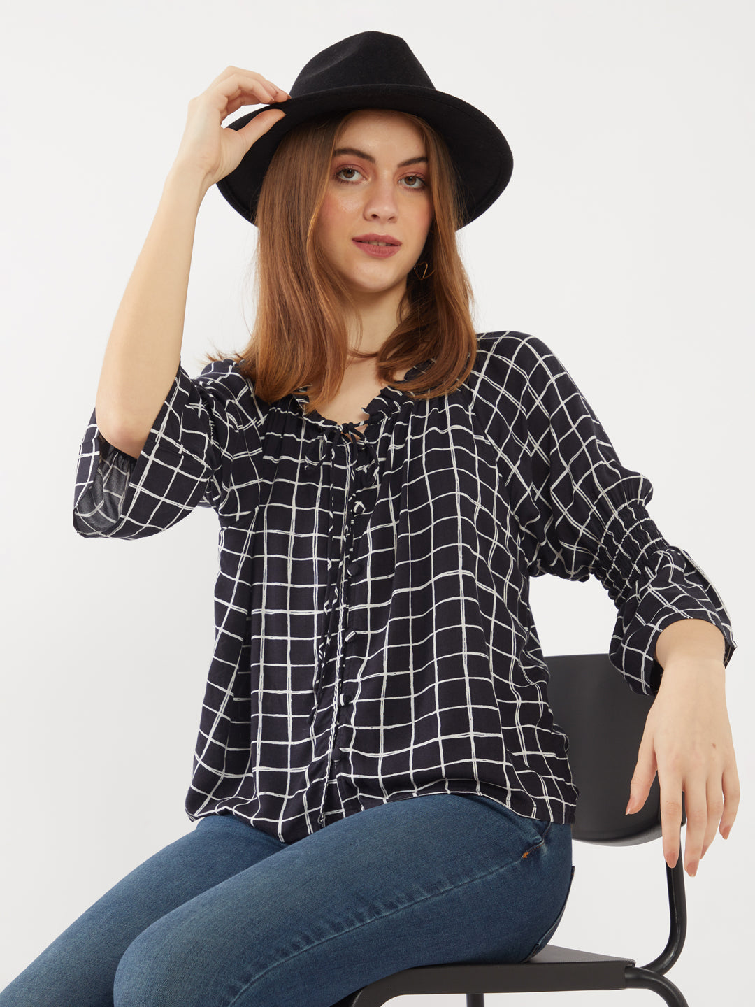 Black Printed Tie-Up Top