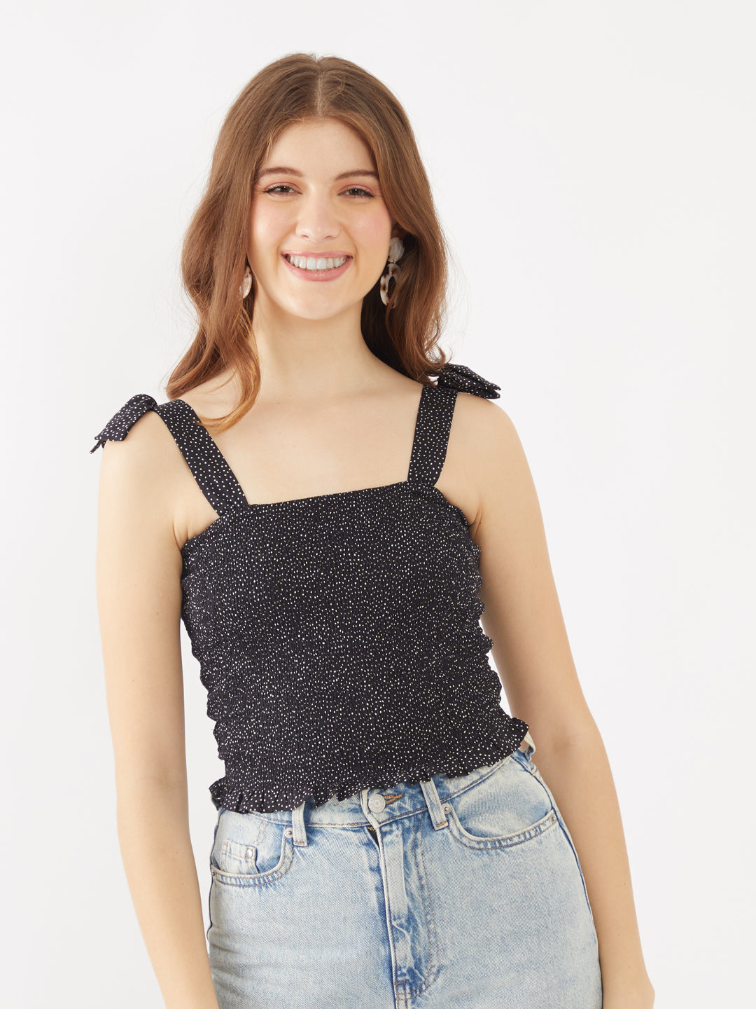 Black Printed Strappy Top For Women