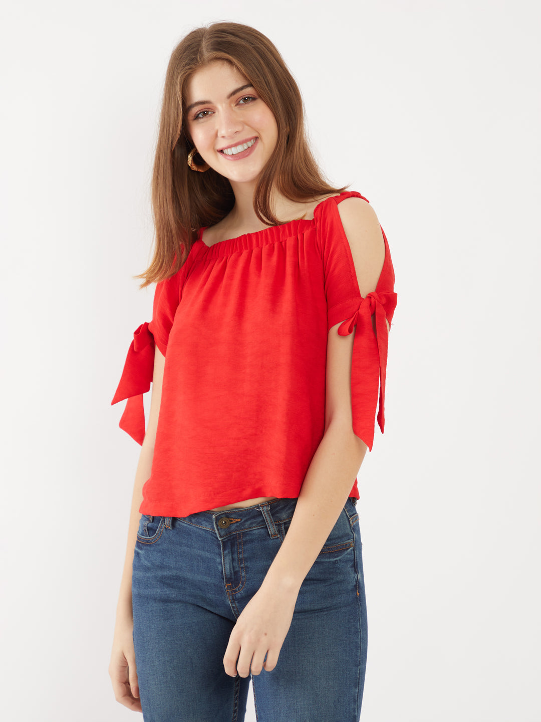 Red Solid Off-shoulder Top