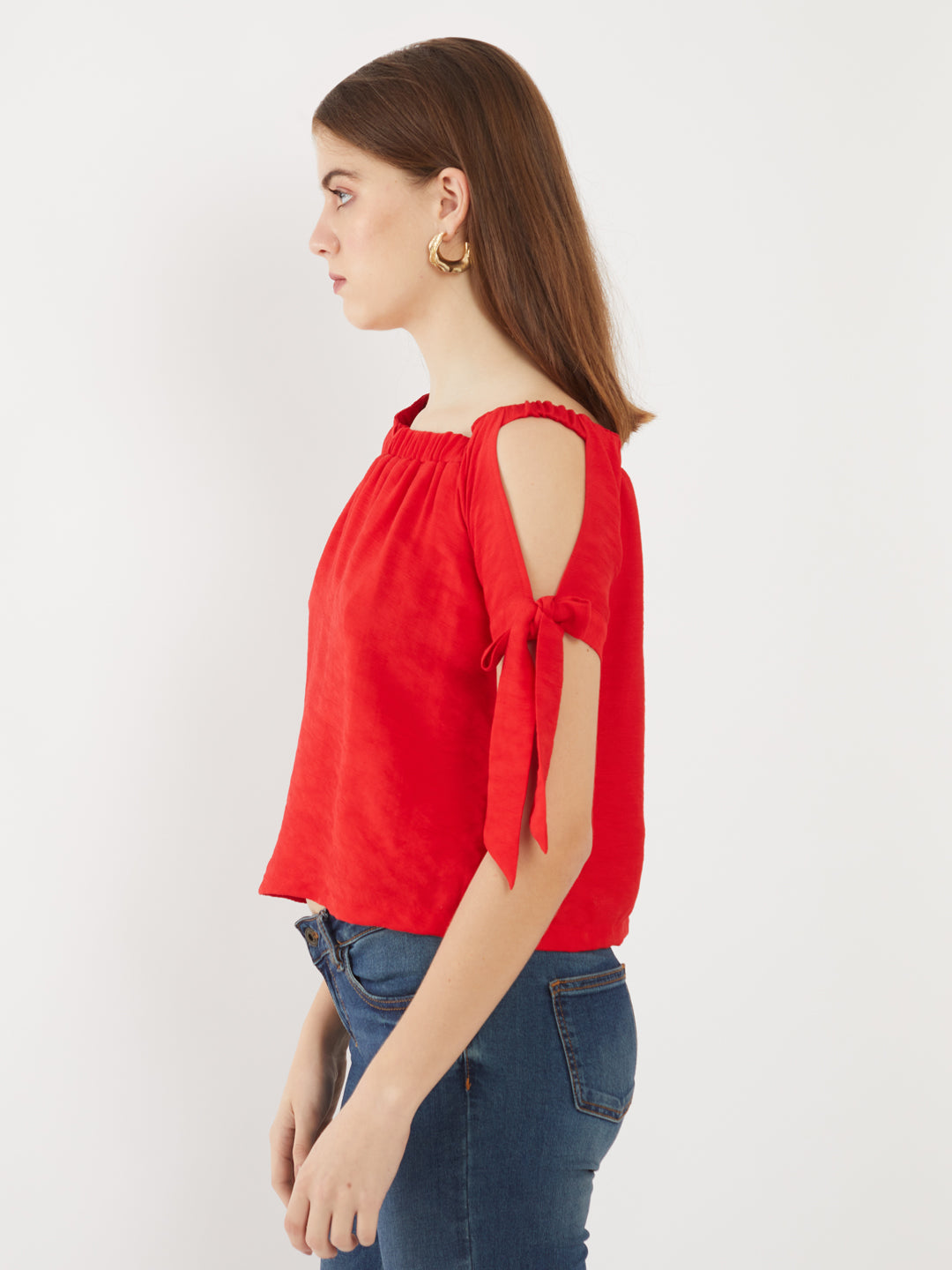 Red Solid Off-shoulder Top