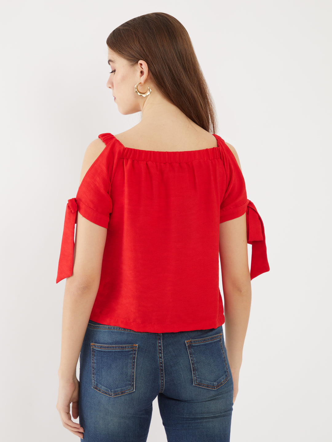 Red Solid Offhoulder Top For Women