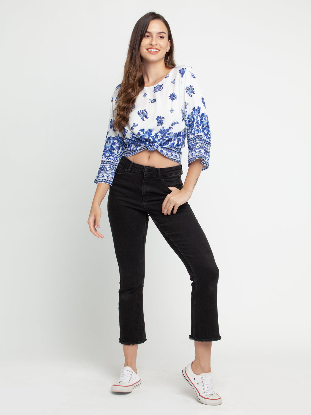 White Printed Fitted Top For Women