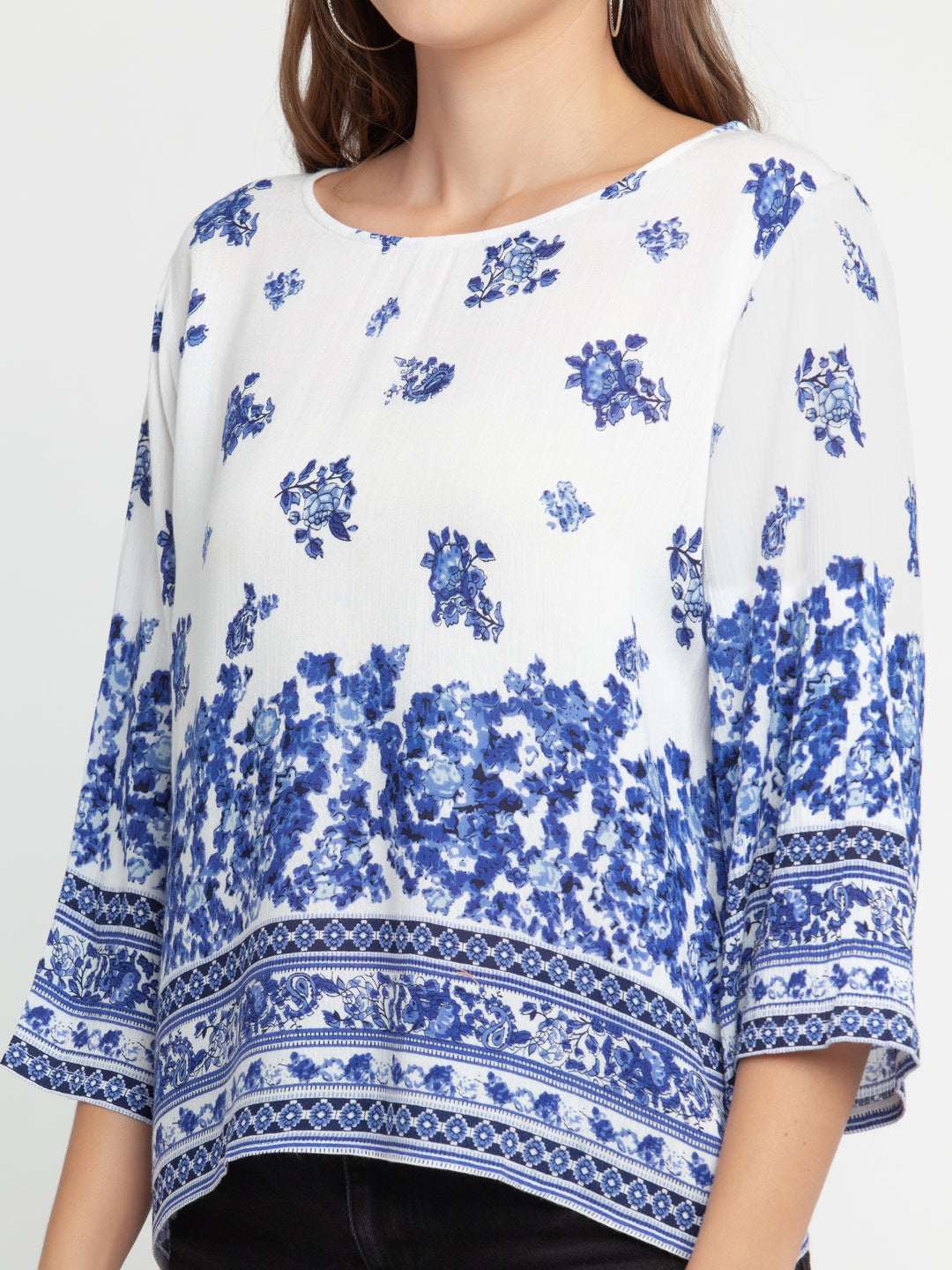 White Printed Fitted Top For Women